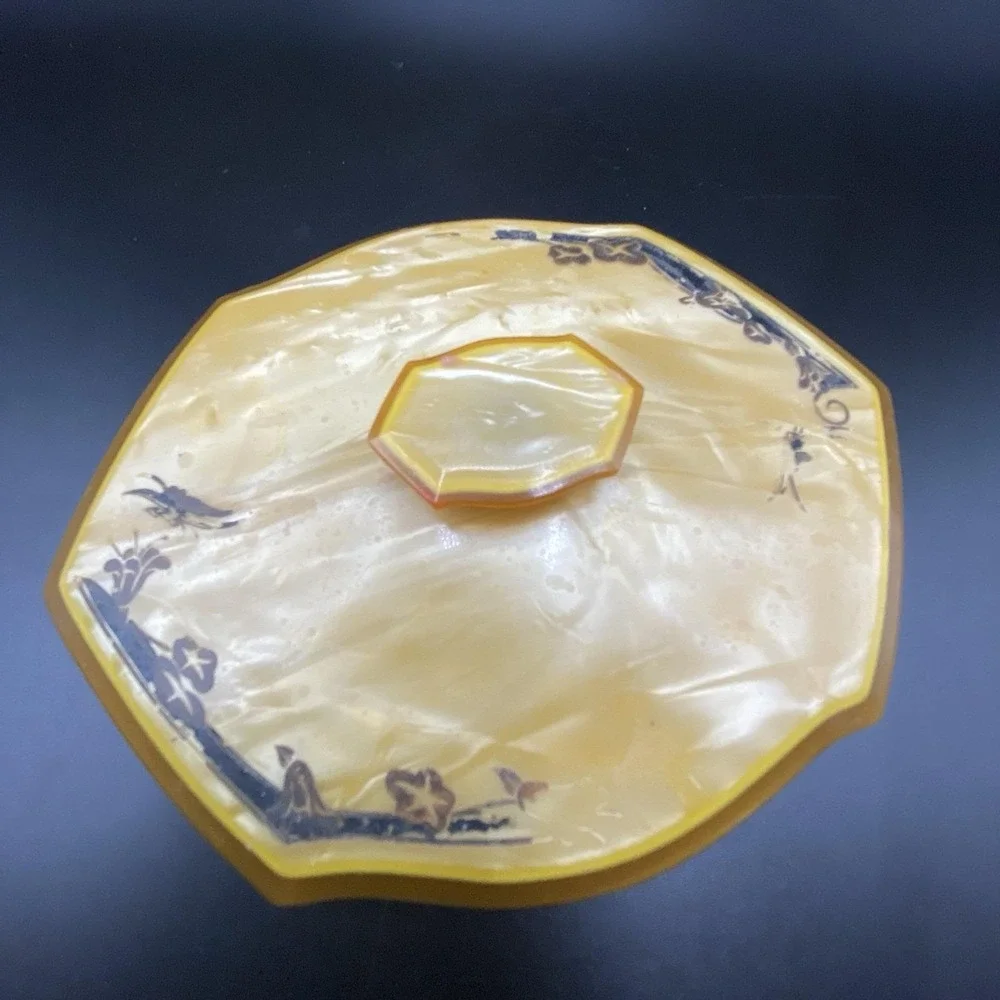 Vtg 1920s Art Deco Amber Vanity/Dresser Powder Jar Celluloid Top and Bottom